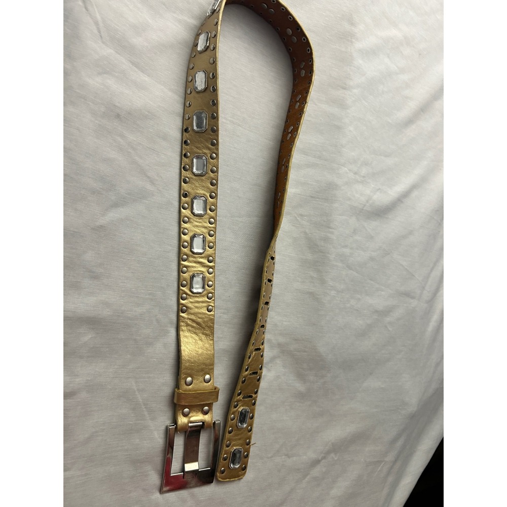 Gold Metallic Leather Studded Crystal Belt Silver Buckle Y2K Glam Boho 40 Inch - Picture 4 of 7